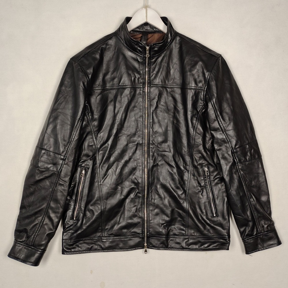 Cole Haan Country Mens Black Leather Cafe Racer Jacket 3XL Full Zip